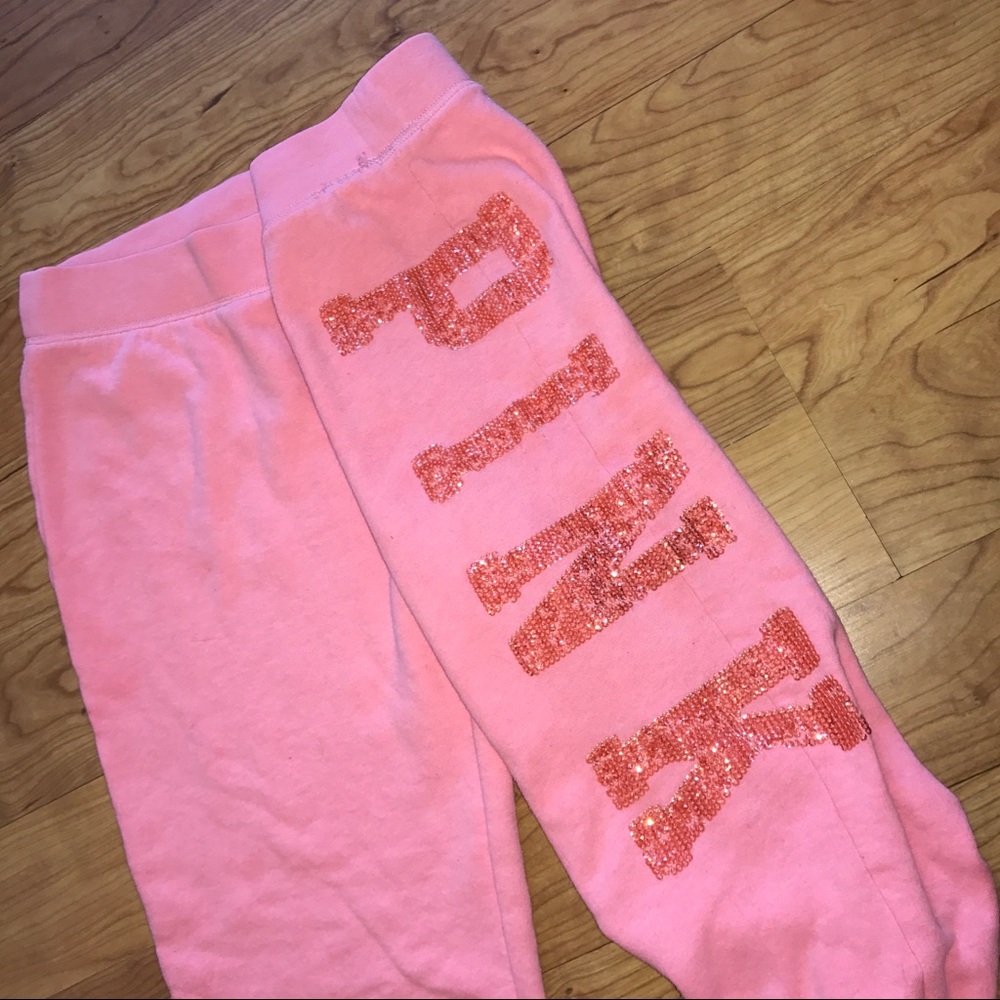 Sold💝PINK VS pink Sequins wide leg sweat pants sz - Picture 3 of 6
